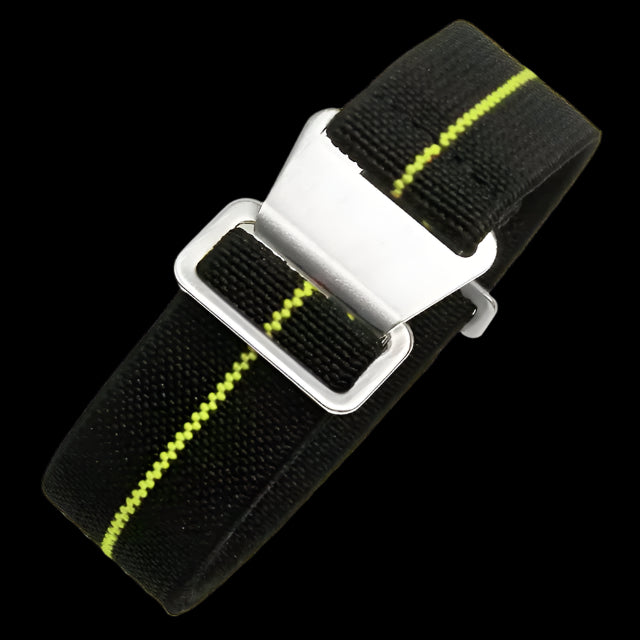 22mm Elasticated French Navy and Special Forces Strap in Black with a Yellow Stripe