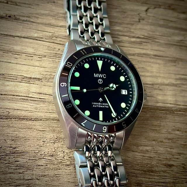 MWC Classic 1960s Pattern Dual Time Zone Automatic Divers Watch with Retro Luminous Paint and Sapphire Crystal on Matching Stainless Steel Bracelet - Ex Photographic Sample Reduced