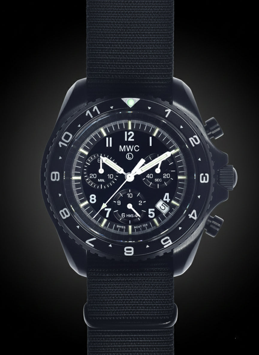 MWC NATO Pattern Stainless Steel Military Pilots Chronograph with Sapphire Crystal and Swiss Ronda Movement - 12 Hour GMT Bezel and GTLS/Tritium Illumination