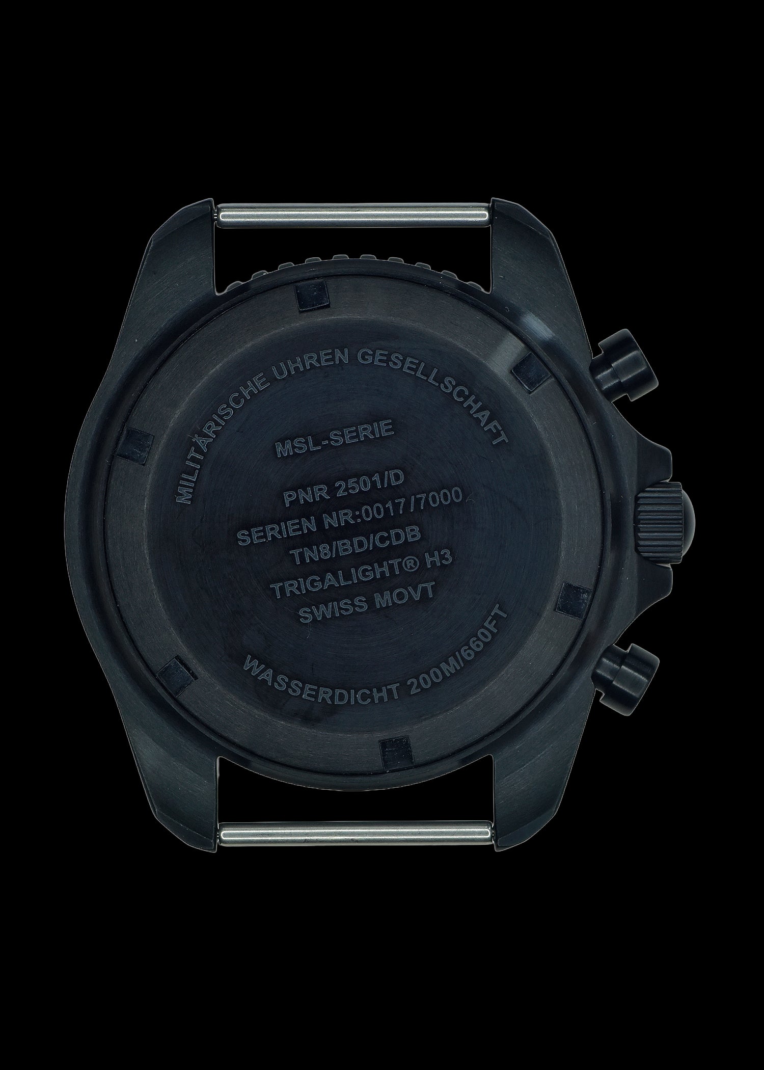 MWC NATO Pattern Black PVD Steel Military Pilots Chronograph with Sapphire Crystal and Swiss Ronda Movement with GTLS/Tritium Illumination