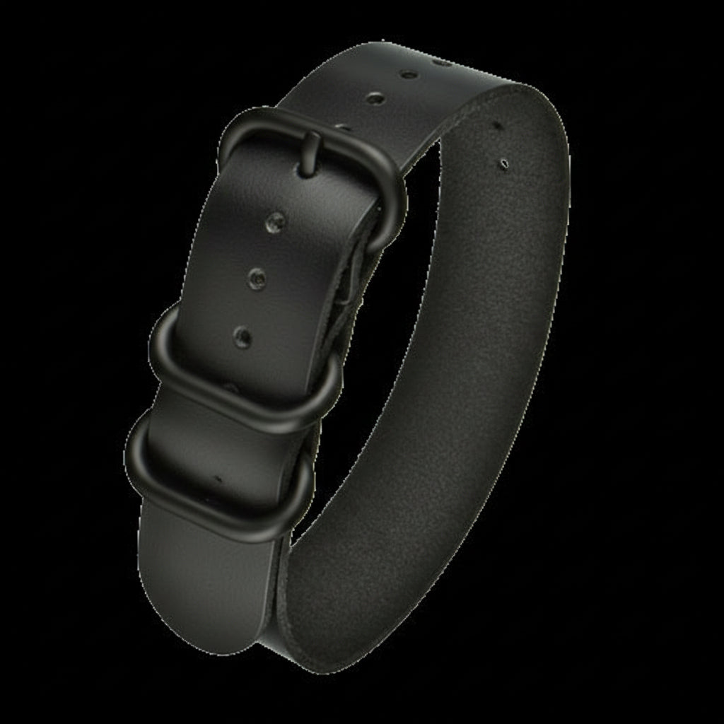 20mm Black Calf Leather Zulu Military Watch Strap With Black Fasteners