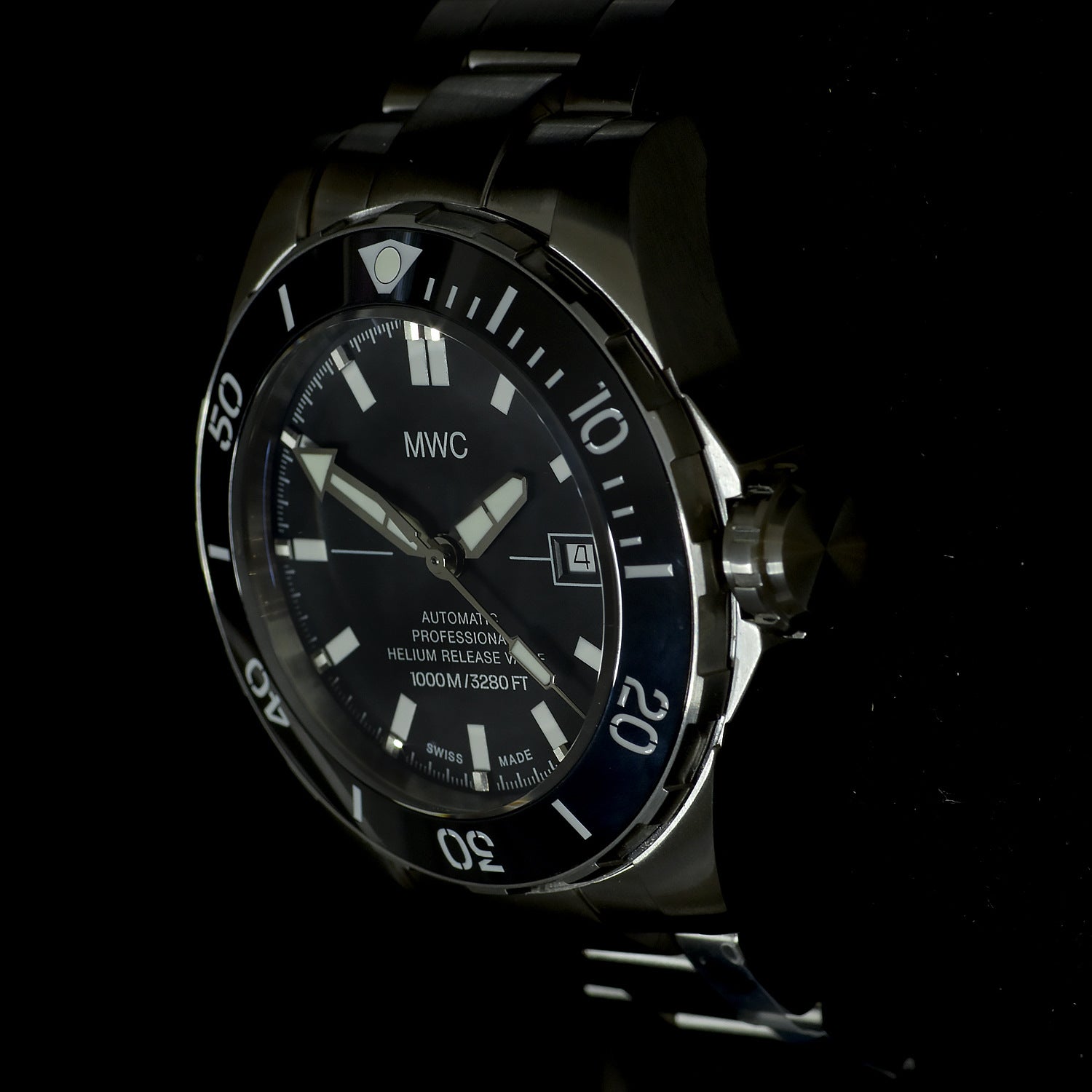 MWC 100ATM / 3,280ft / 1000m Water Resistant Diver's Watch Stainless Steel Case with Helium Valve and Matching Bracelet 100% Swiss Made with Sellita SW200 26-Jewel Automatic Movement