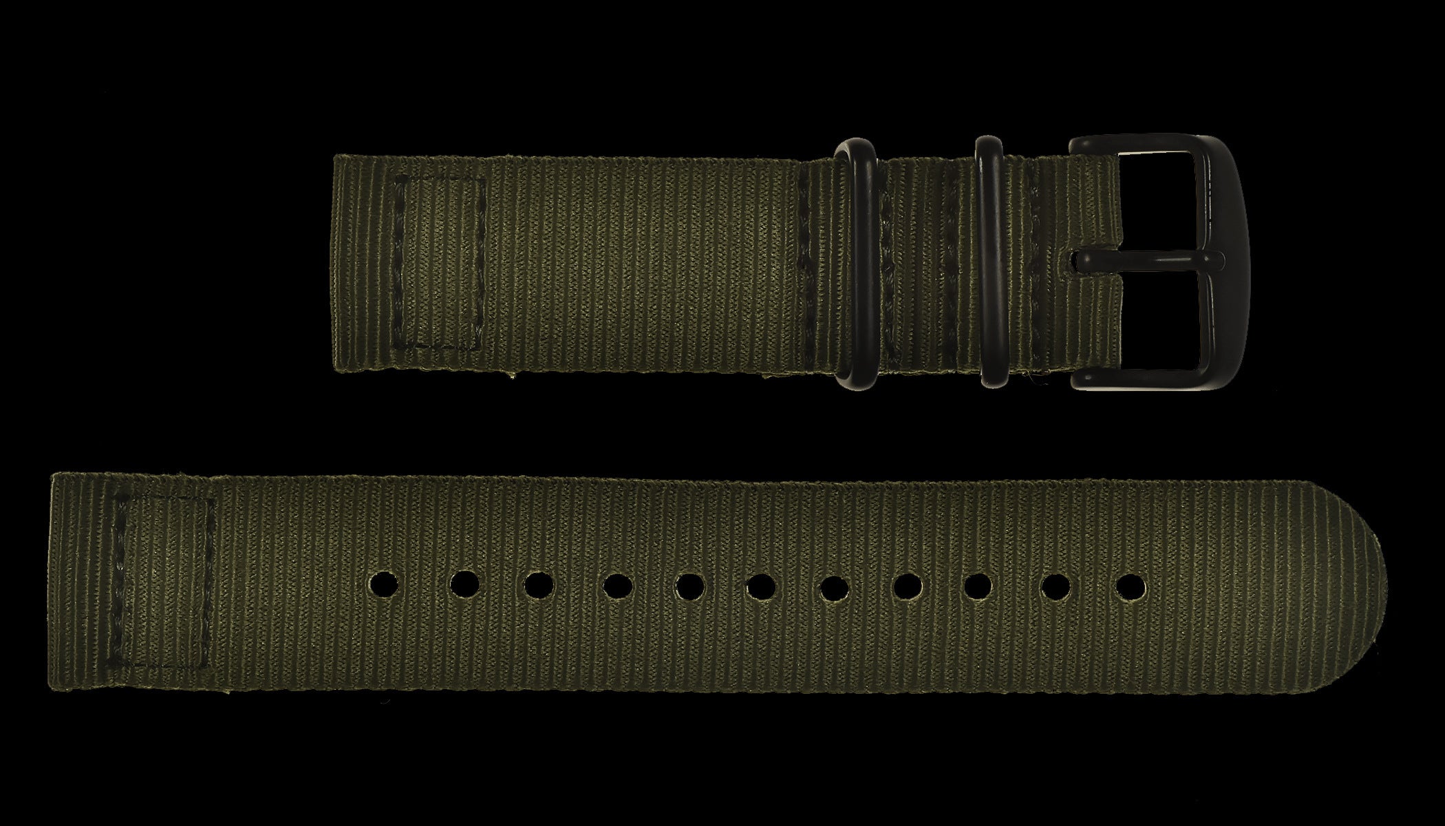 2 Piece 20mm Olive NATO Military Watch Strap in Ballistic Nylon with Black PVD Fasteners