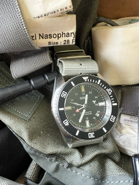 MWC "Submariner / Naval Crew Divers Watch" 500m (1,640ft) Water Resistant Dual Time Zone Military Watch in a Stainless Steel Case with GTLS and Helium Valve