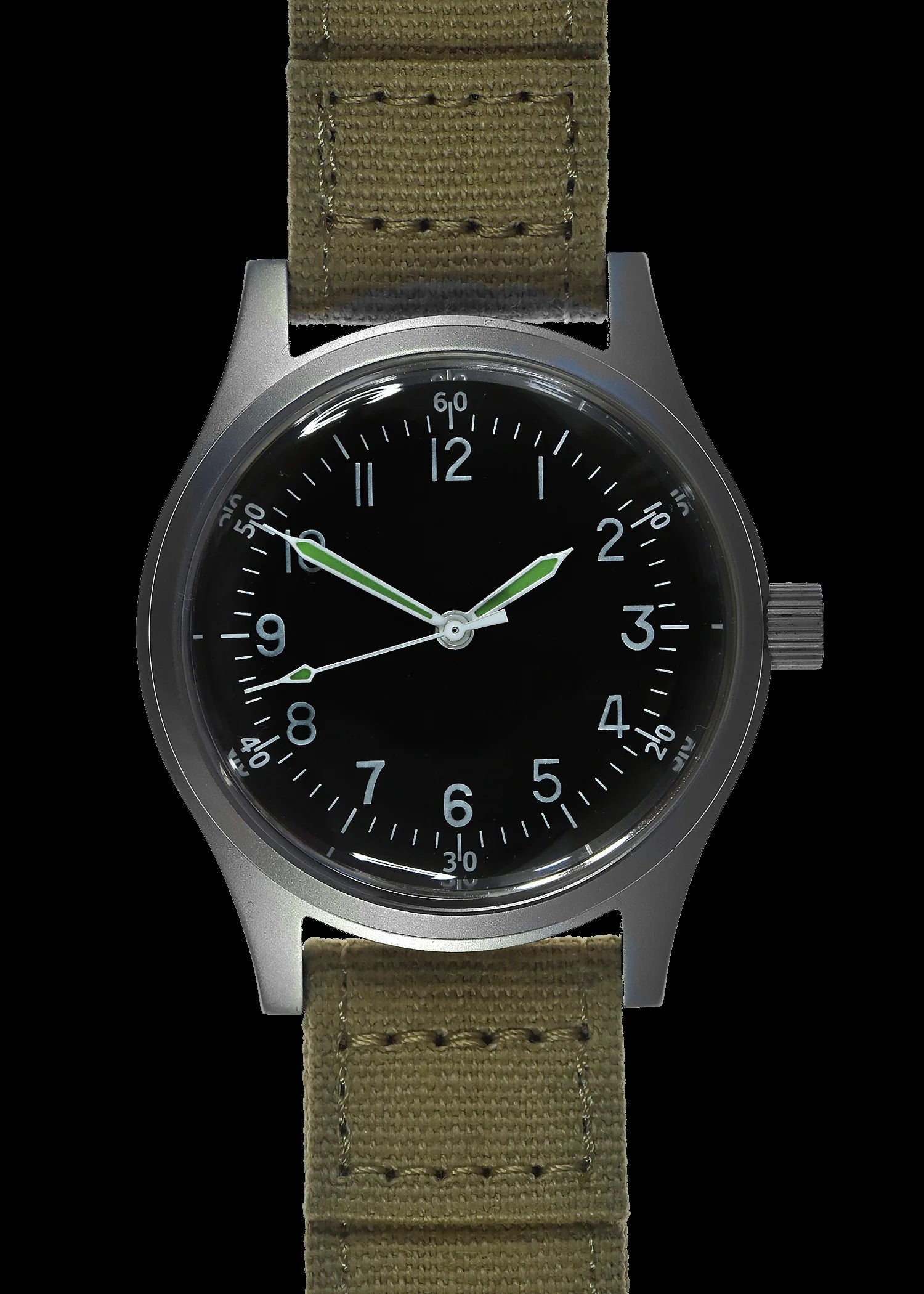 A-11 1940s WWII Pattern Automatic Military Watch 100m Water Resistant With Shatter and Scratch Resistant Box Sapphire Crystal on Matching Retro "Bonklip" Pattern Bracelet with an Additional Canvas Strap