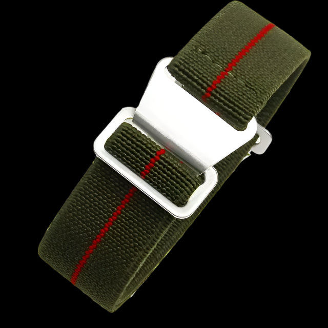 22mm Elasticated French Navy and Special Forces Strap in Green with a Red Stripe